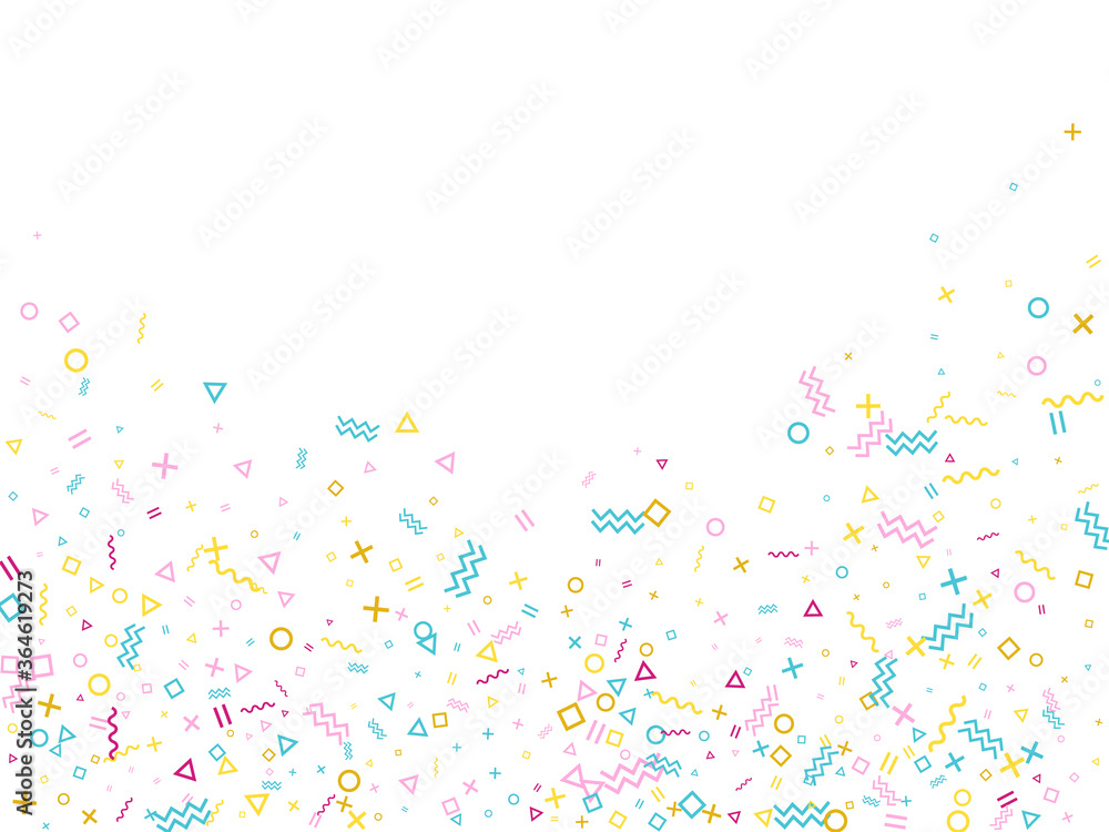 Memphis style geometric confetti background with triangle, circle, square shapes, zigzag and wavy line ribbons. 