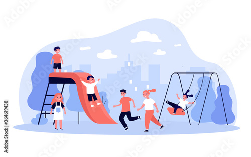 Children playing on playground in park. Happy boys and girls having fun outdoors, swinging and sliding, enjoying outdoor activities. Vector illustration for playtime, outdoor game for kids concept