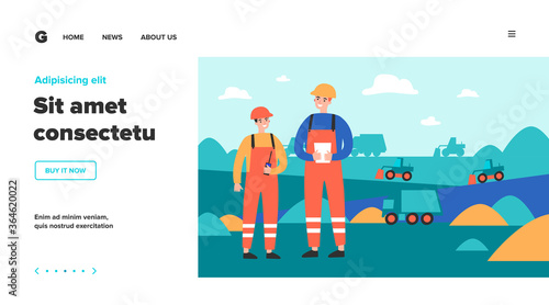 Coal mine engineers wearing protective uniforms, standing on construction site with heavy machines on background. Vector illustration for factory, industry, labor, blue collar concept