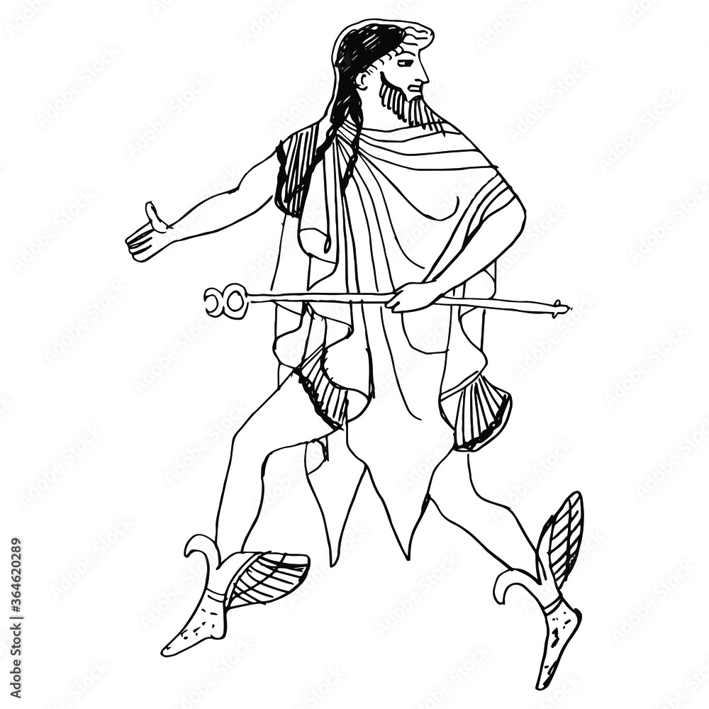 Running ancient Greek god Hermes with caduceus. Hand drawn sketch ...