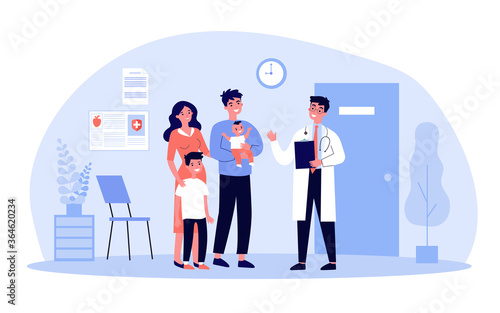 Happy family with kids visiting pediatrician. Parents and kids talking to doctor in clinic interior. Vector illustration for medicine, health, baby care concept