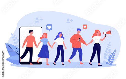 Refer a friend concept. People giving likes, sharing information about referrals on social media and earning money. Vector illustration for influenced marketing or loyal program topics