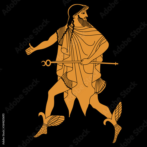 Running ancient Greek god Hermes with caduceus. Vase painting style. Isolated vector illustration.