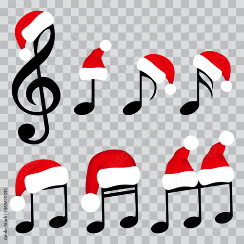 Music notes with red Santa Claus hats, isolated vector illustration.