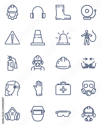Safety workwear and protective equipment. Line icon set with gloves, cone, mask, helmet, respirator, vest, belt, glasses. Thin icon collection for safety on workplace, worker protection topics