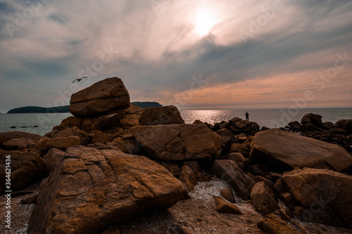 Early evening, summer view of stones on Silmi Beach on Muuido Island near Incheon, Korea. 