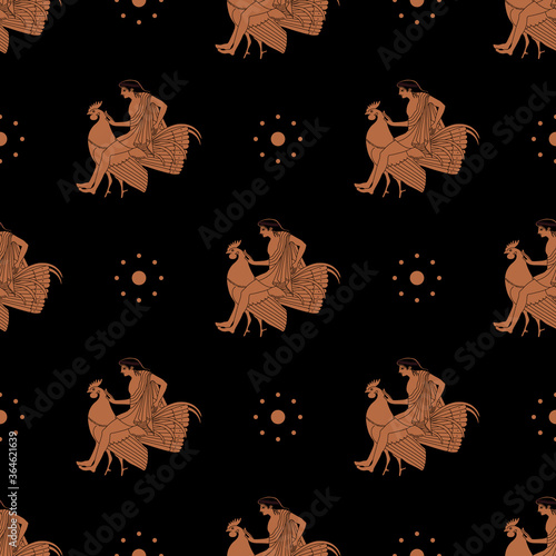 Seamless geometrical pattern with ancient Greek mythological motifs. Silhouettes of a young man astride a rooster and abstract polka dots. Vase painting style.
