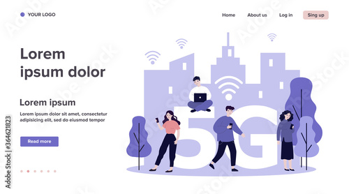 Young citizens using digital gadgets. Laptops an cellphones users using 5G high speed wireless internet connection. Vector illustration for interaction, telecom, wi-fi, smart city concept