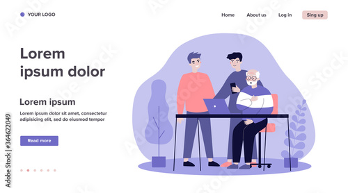 Two young and one senior men watching movie. Guys explaining to granddad how to use laptop flat vector illustration. Technology and entertainment concept for banner, website design or landing web page