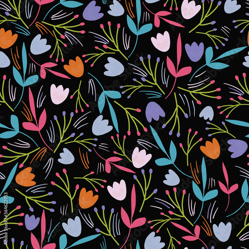 Dark Blue with small ditsy florals and marks seamless pattern background design.