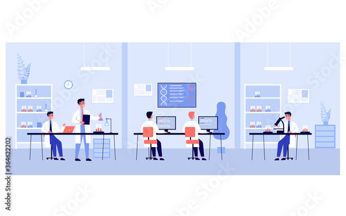 Group of scientists doing genetic research in laboratory. Chemists studying clinical samples and dna structure in lad. Vector illustration for biology, discovery, education, science concept