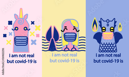 Coronavirus awareness informational poster templates set in pink, yellow and blue with thick strokes in modern cartoon style. Legendary creatures wearing face meducal masks while covid-19 outbreak.