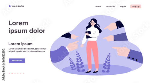 Victim of social bullying. Index fingers pointing at sad depressed woman feeling shame, guilty. Vector illustration for society conviction, denunciation, blame, accusing concept
