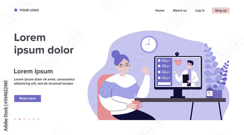 Senior lady consulting doctor online. Old patient having conference chat with physician flat vector illustration. Consultation, lockdown concept for banner, website design or landing web page
