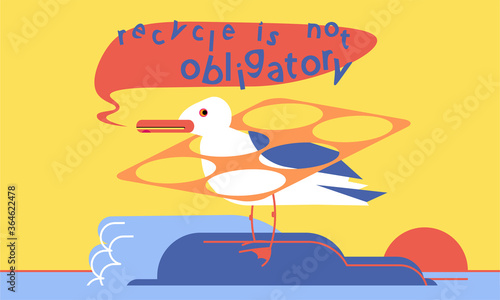 Seagull entangled in six-pack rings from beer holder. Concept illustration on recycle and ecology problems. Minimalist poster in flat design with text bubble.