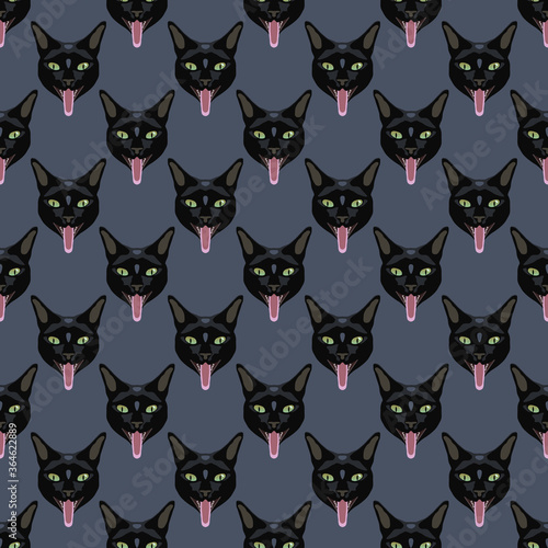 Seamless geometrical pattern with small heads of black cat with protruded tongue. Cartoon style.