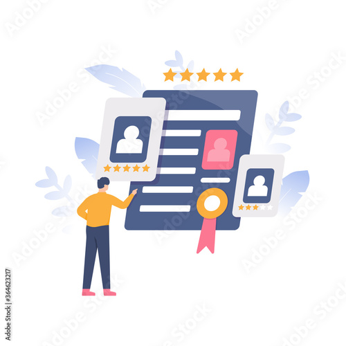 the concept of recruiting and selecting prospective employees, HRD. illustration of a man looking at a resume or CV from a job applicant. flat design. can be used for elements, landing pages, UI, web 