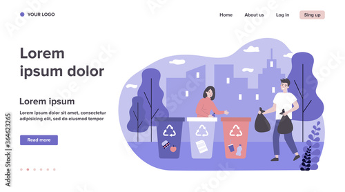 Positive man and woman sorting waste. Volunteers, trash bin, garbage collecting flat vector illustration. Recycling, separation, volunteering concept for banner, website design or landing web page