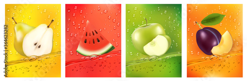 Fresh fruits juice splashing together- pear, apple, plum, watermelon juice drink splashing. 3d fresh fruits. Vector illustration