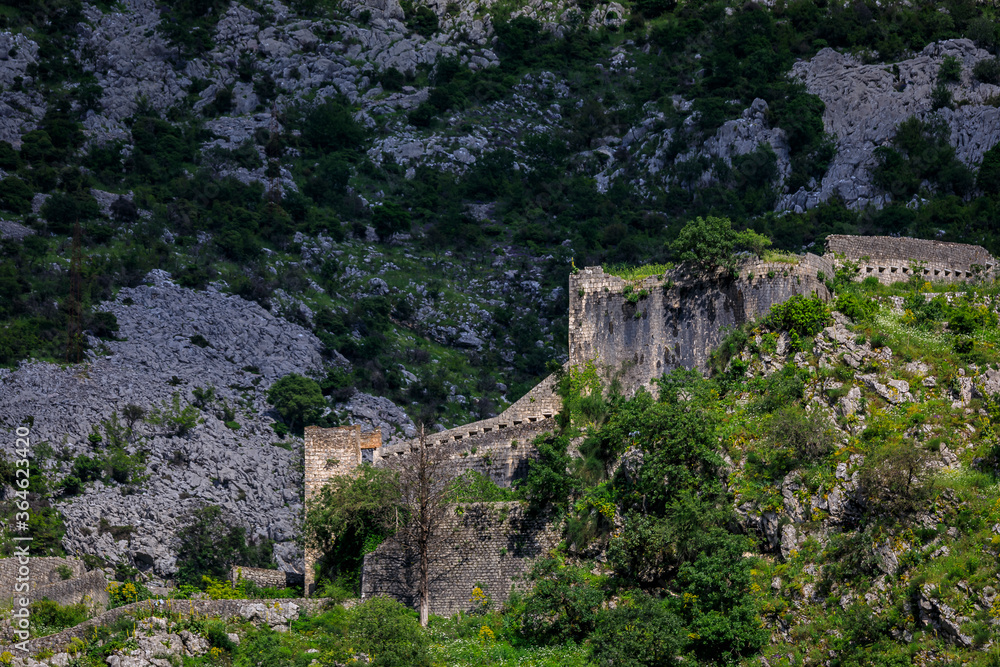 View onto Saint John Mountain with the ancient fortified city walls surrounding Old Town of Kotor, Montenegro