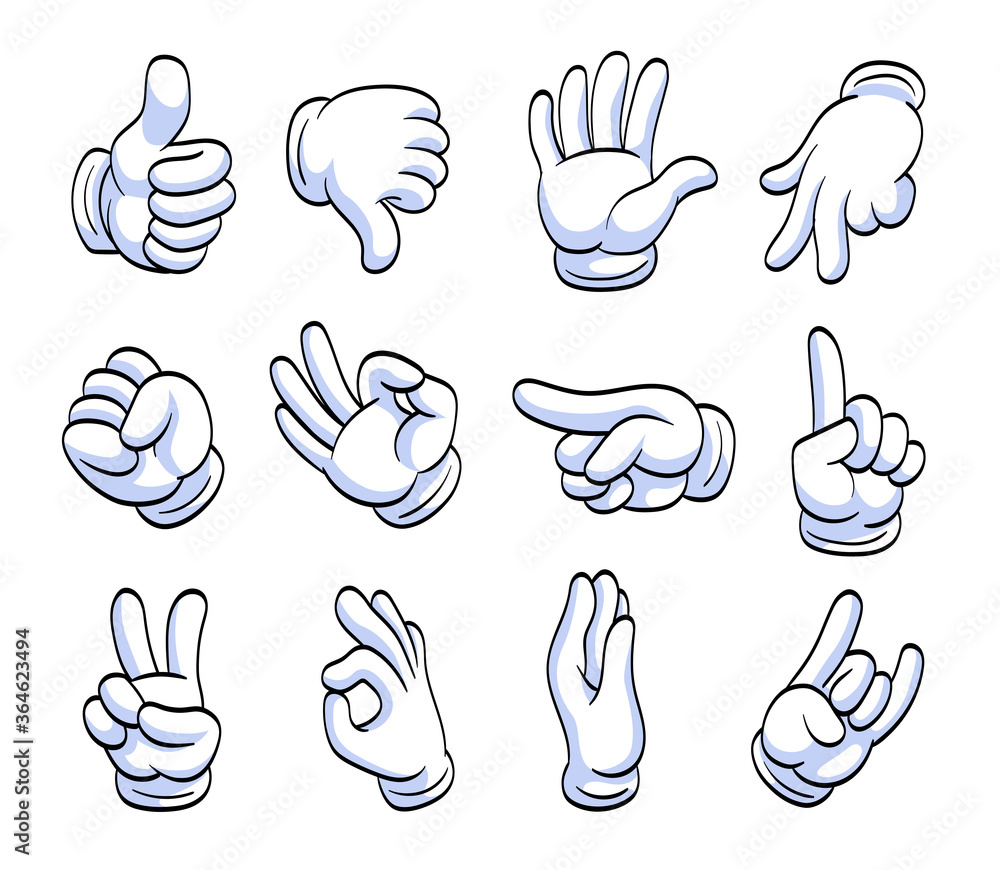Different cartoon hands in white gloves flat icon set. Human character hand  pointing with finger, waving, showing, thumbing up vector illustration  collection. Expression and gesture concept Stock Vector | Adobe Stock