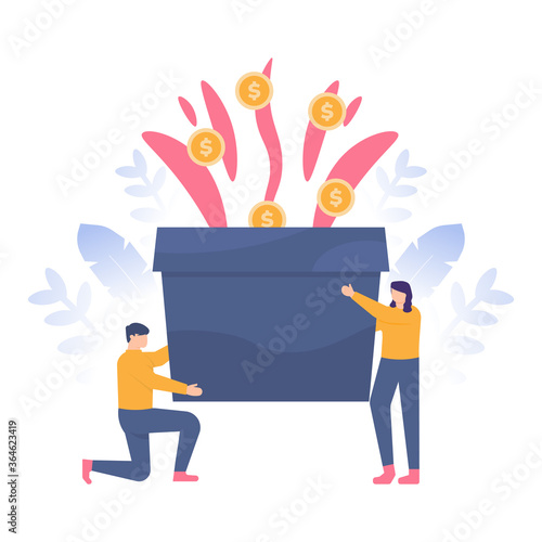 the concept of prizes, jackpots, surprises, giveaway. illustration of a person holding a box or gift containing a coin. flat designs. can be used for elements, landing pages, UI, web sites.