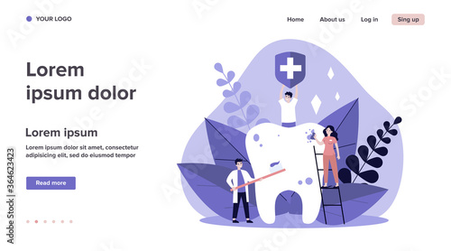 Tiny people cleaning big tooth flat vector illustration. Man holding banner with medical symbol. Doctor and dentist brushing teeth with toothbrush. Stomatology and healthcare concept.