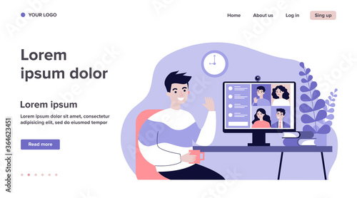 Worker using computer for collective virtual meeting and group video conference. Man at desktop chatting with friends online. Vector illustration for videoconference, remote work, technology concept