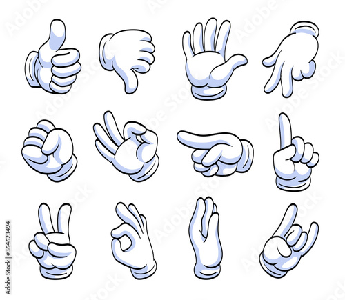 Different cartoon hands in white gloves flat icon set. Human character hand pointing with finger, waving, showing, thumbing up vector illustration collection. Expression and gesture concept
