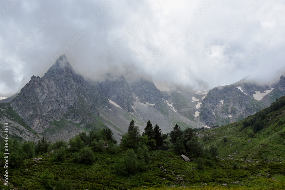 Dense fog in the Caucasus mountains