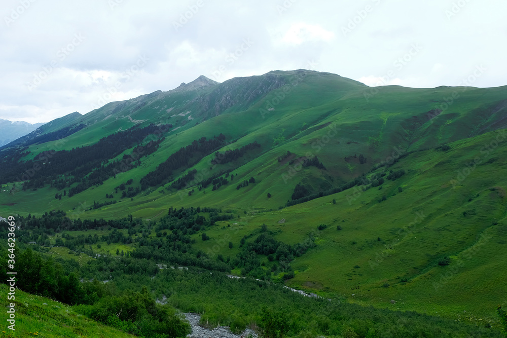 Summer mountains green grass and blue sky landscape. Caucasus mountains