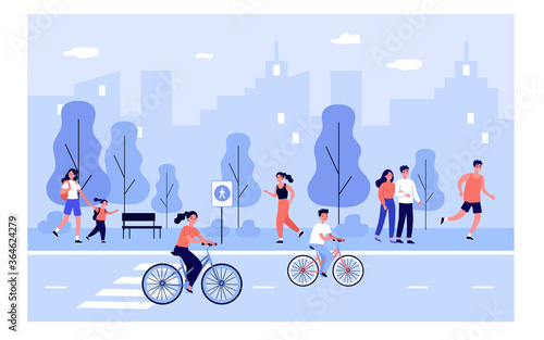 People on city street. Happy young men and woman walking outdoors, riding bikes down urban road, spending weekend in park. Vector illustration for lifestyle, summer outdoor activities concept