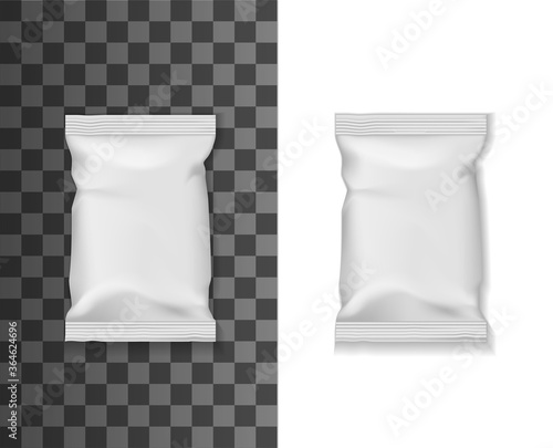 Food package mockup, pouch bag or sachet pack of white plastic foil, blank vector 3D template. Realistic blank white glossy pouch bag, sachet pack or doypack for snacks or dry food wrap package