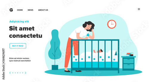 Depressed tired mom giving bottle to baby. Sad sleepy new mother leaning on crib to feed newborn child. Flat vector illustration for postnatal anxiety, postpartum depression, maternity blues concept