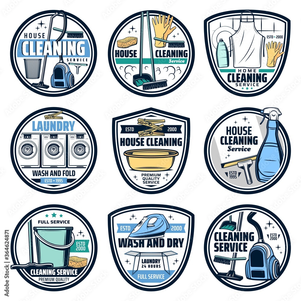 Cleaning and laundry housework icons, wash and clean service, vector. Home cleaning and laundry washing machine, cleaner mop, brush and broom, wash sponge, duster and spray, vacuum cleaner and bucket