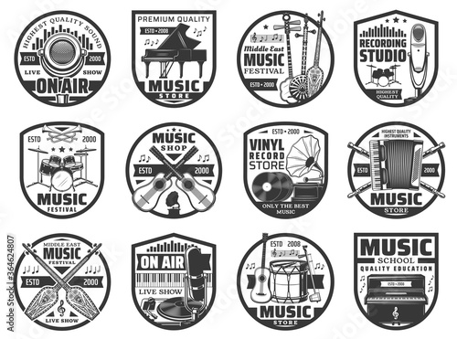 Musical instruments and sound records icons, music vinyl store and studio vector labels. Music instruments shop, on air radio microphone, music school, live concert show and folk music festival