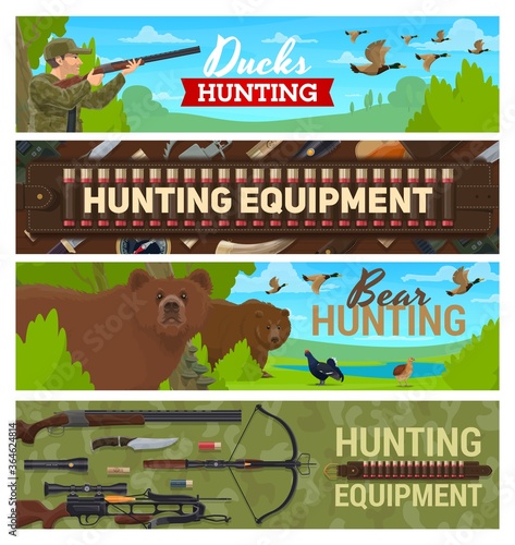Hunting sport items and equipment, hunter with rifle ammunition on hunt for forest birds and animals. Hunting for ducks and wild bear, binoculars, bandoleer bullet cartridge belt and crossbow