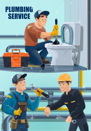 Plumber workers, repair and hydrostatic test of pipes, plumbing and water pipeline leak maintenance, vector. Pipeline, rehabilitation, toilet sewage and drainage cleaning service
