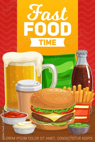 Fast food burgers, drinks and snacks, vector menu. Fastfood hamburger, sandwich meals, soda bottle and potato fries, cheeseburger and ketchup, fast food cafe, bistro, coffee cup and chips