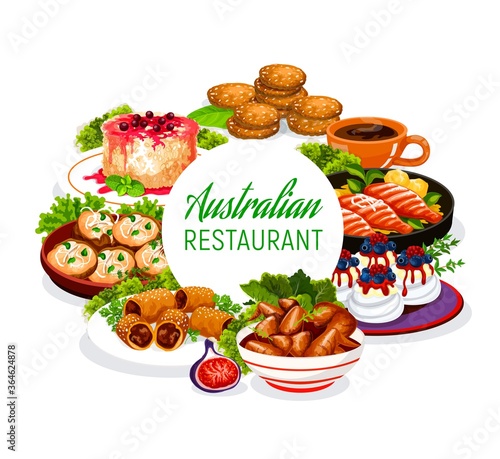 Australian cuisine food, restaurant menu dishes, Australia traditional meals, vector. Australian veal meat, lamb in puff pastry, crumpled rosemary potatoes and rice pudding with Pavlova cakes
