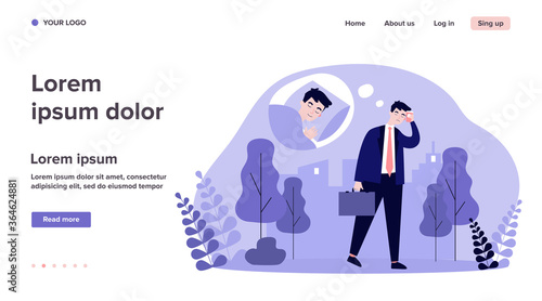 Tired sleepy office man walking to work. Sad exhausted businessman going outside. Flat vector illustration for coffee addiction, insomnia, sleep problem concept