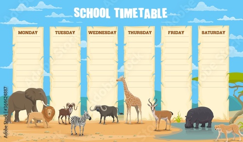 School timetable with african animals vector template. Classes weekly planner, school lessons timetable with elephant, lion and cheetah, buffalo, ram and giraffe, gazelle, hippo and zebra in savanna