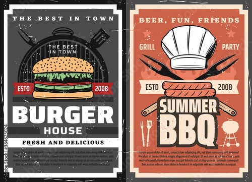 Meat burgers and BBQ posters, grill food party, vector barbecue steaks and sausages. Summer BBQ charcoal meat steaks, sausages and burgers, toque hat, knife, fork and spatula and knives on fire flame