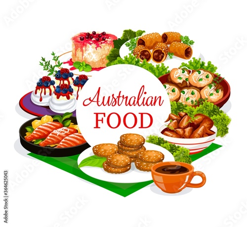 Australian cuisine food menu, meat and fish dishes, Australia restaurant traditional meals, vector. Australian veal meat, lamb in puff pastry, crumpled rosemary potatoes and Pavlova cakes dessert