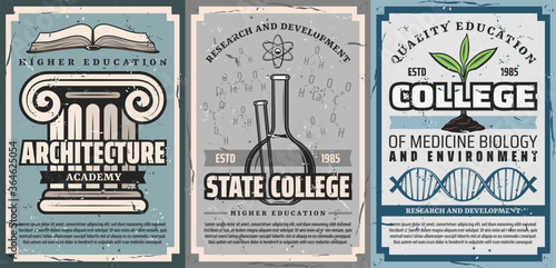 Education posters, architecture, chemistry and biology medicine, vector. Medical biology and environment development, chemical research college and architect academy higher education