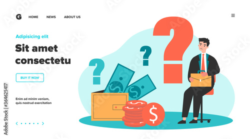 Sad man concerned about financial problem, money need and unpaid loan debts. Male character, question mark, wallet with cash. Vector illustration for finance, bankruptcy, trouble concept