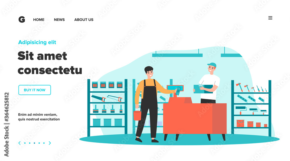 Male customer buying construction tools in store. Man standing at cash register counter and paying cash. Vector illustration for hardware construction shop, building worker, home repair concept