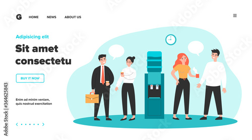 Office colleagues meeting at water dispenser, drinking coffee, discussing gossips . Flat vector illustration for work break, corporate talks and chatting, communication concept
