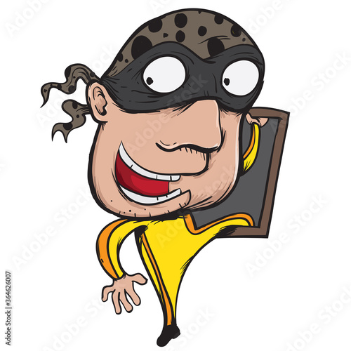 thief in yellow shirt jump through a window line art illustration cartoon