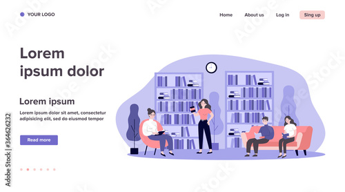 People in library flat vector illustration. Cartoon woman and man sitting on sofa, studying bookshelves and reading with books. Learning and knowledge concept